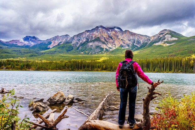 A woman hikes in the Canadian Rockies
