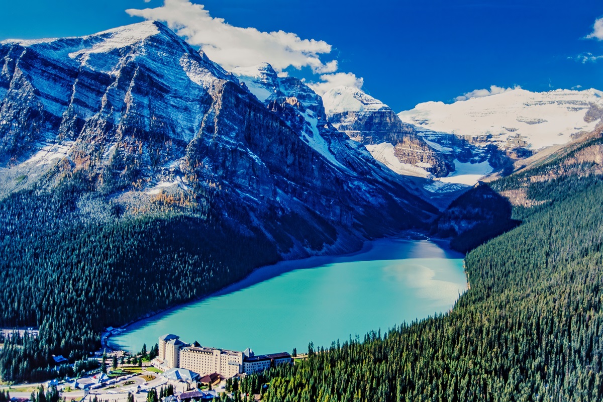 Aerial image of Lake Louise in Alberta