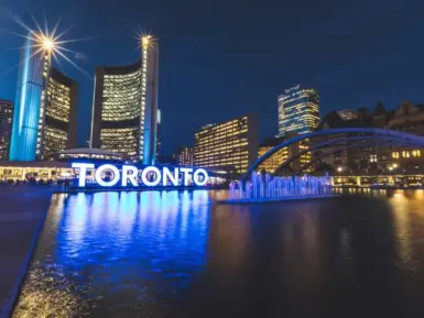 Nathan Phillips square in Toronto at night