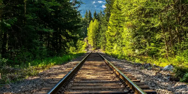 Railway tracks cutting through a lush green forest in Canada with soaring mountain peaks in the distance