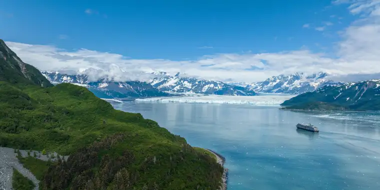 Aerial view of a Holland America Line ship cruising in Glacier Bay, Alaska