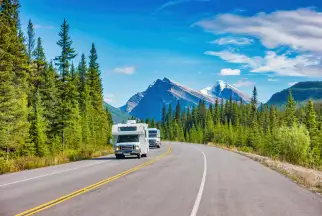 Motorhomes driving through Alberta and Canadian Rockies